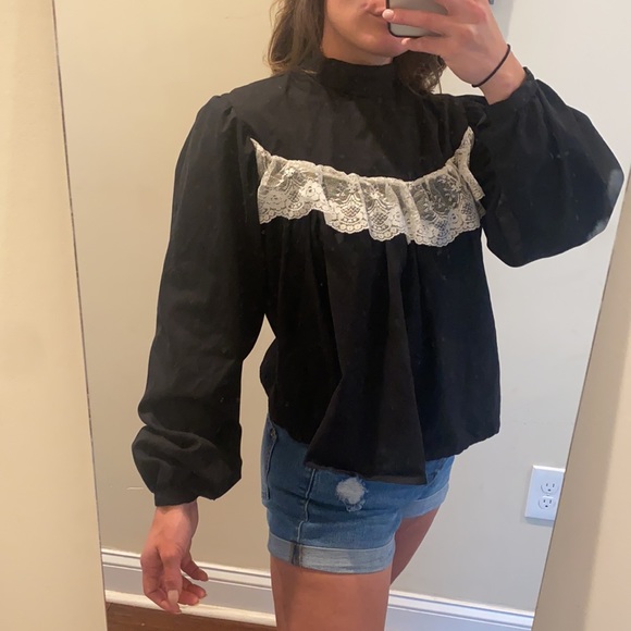 Long Sleeve Mock Neck Peasant Blouse Button Back - Picture 2 of 12